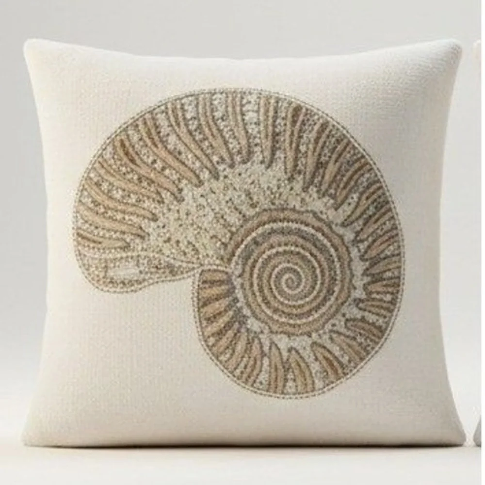 Pier 1 Beaded Nautilus Seashell Throw Pillow Cover Gold Coastal Decor Square